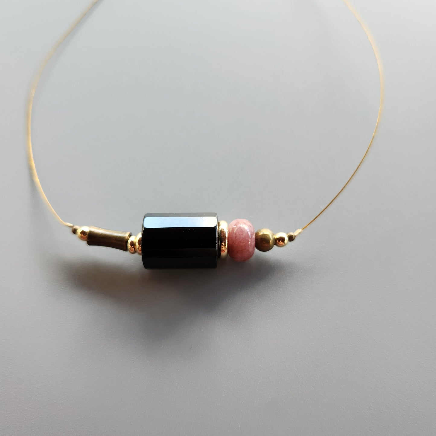 Vintage Bronze and Gold-Plated Necklace with Onyx and Lepidolite