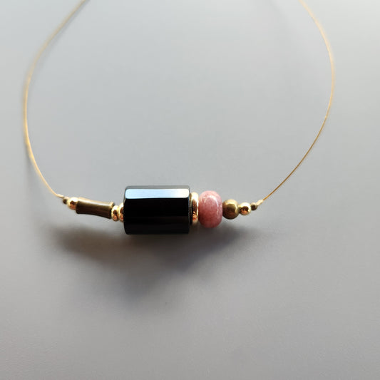 Vintage Bronze and Gold-Plated Necklace with Onyx and Lepidolite