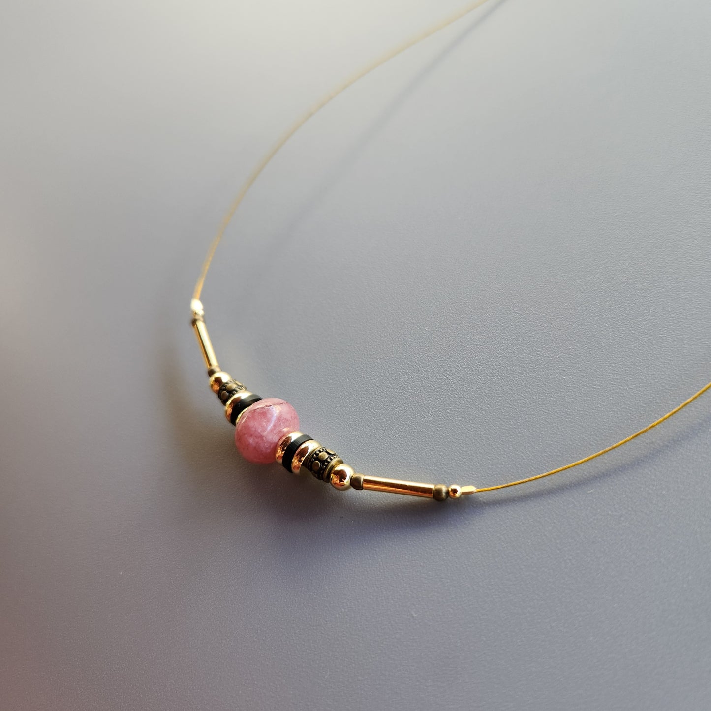 Vintage Bronze and Gold-Plated Necklace with Onyx and Lepidolite