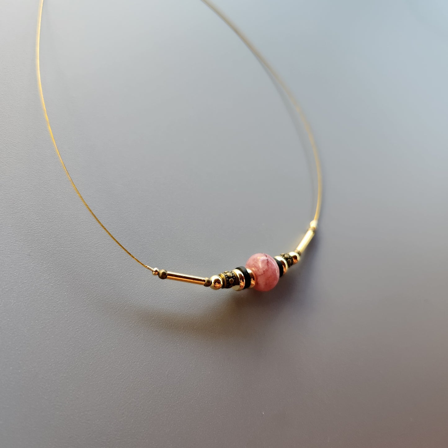 Vintage Bronze and Gold-Plated Necklace with Onyx and Lepidolite