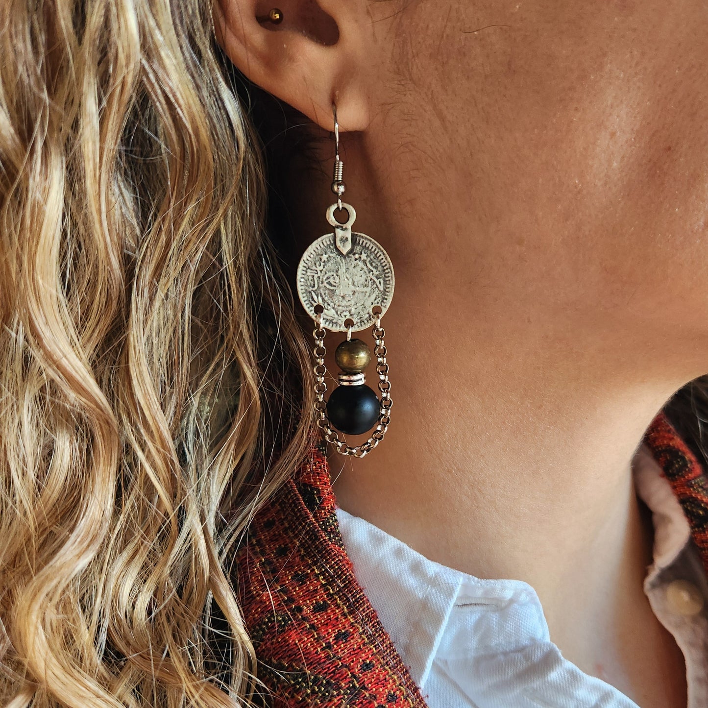 Ottoman Coin Earrings: with Onyx Stone
