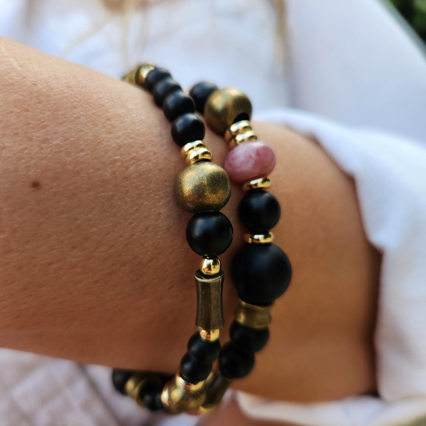 Vintage Bronze and Gold-Plated Bracelet with Onyx and Lepidolite