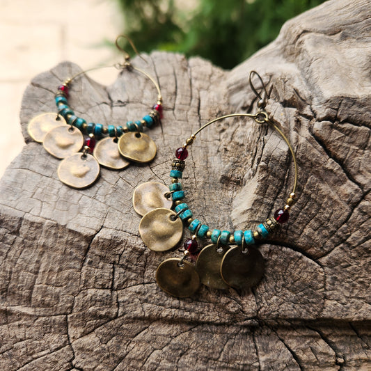Gypsy Bronze Hoop Earrings with Turquoise Stones, Garnet, and Gold-Plated Spacers