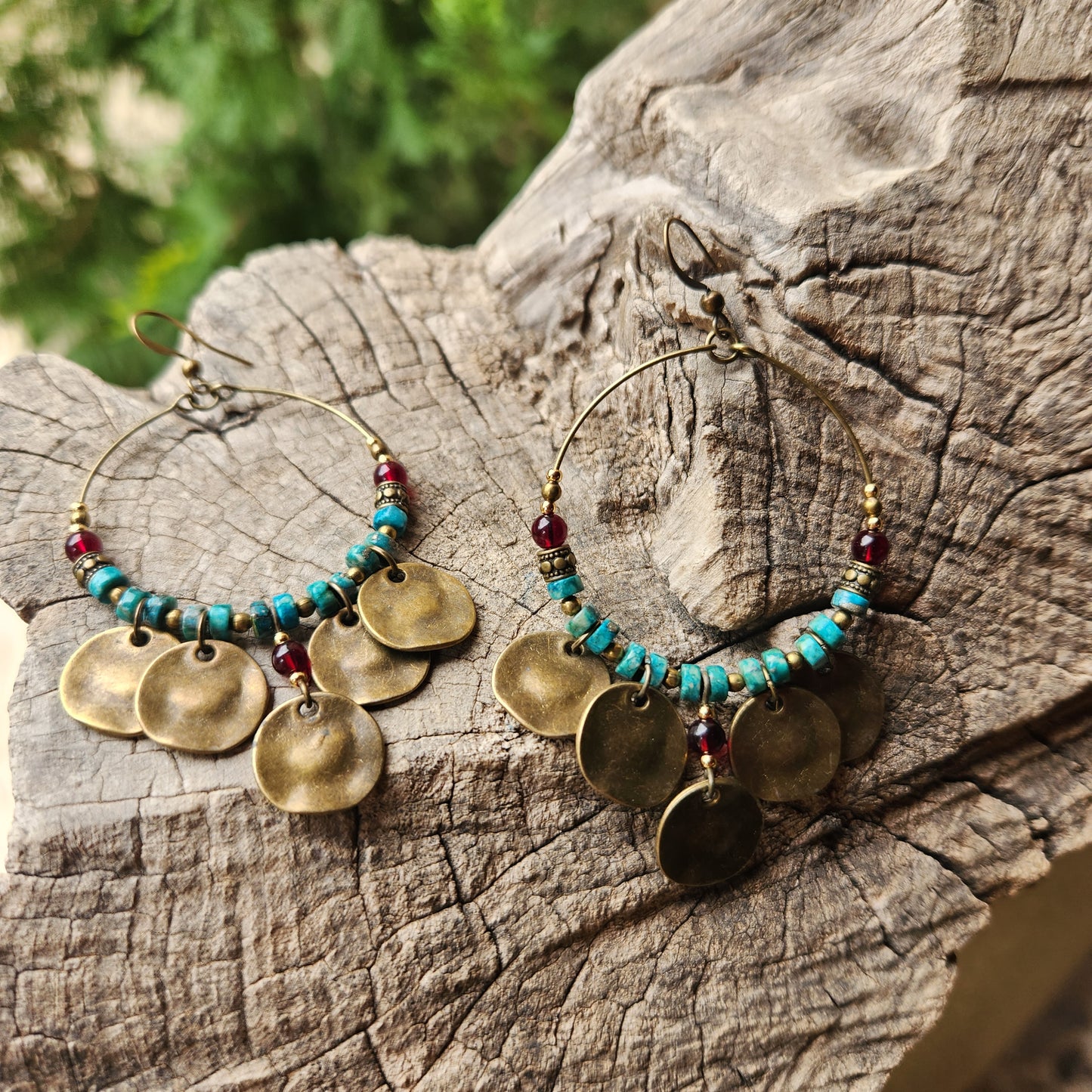 Gypsy Bronze Hoop Earrings with Turquoise Stones, Garnet, and Gold-Plated Spacers