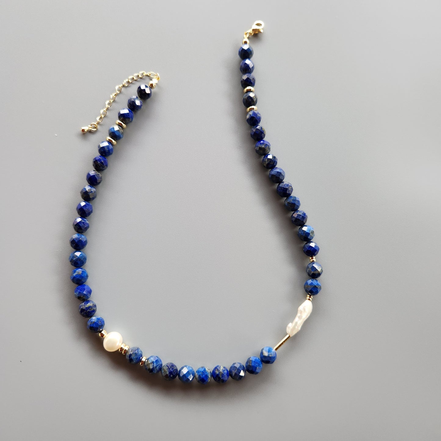 Lapis and Pearl Necklace with Gold-Plated Spacers
