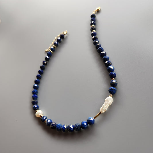 Lapis and Pearl Necklace with Gold-Plated Spacers