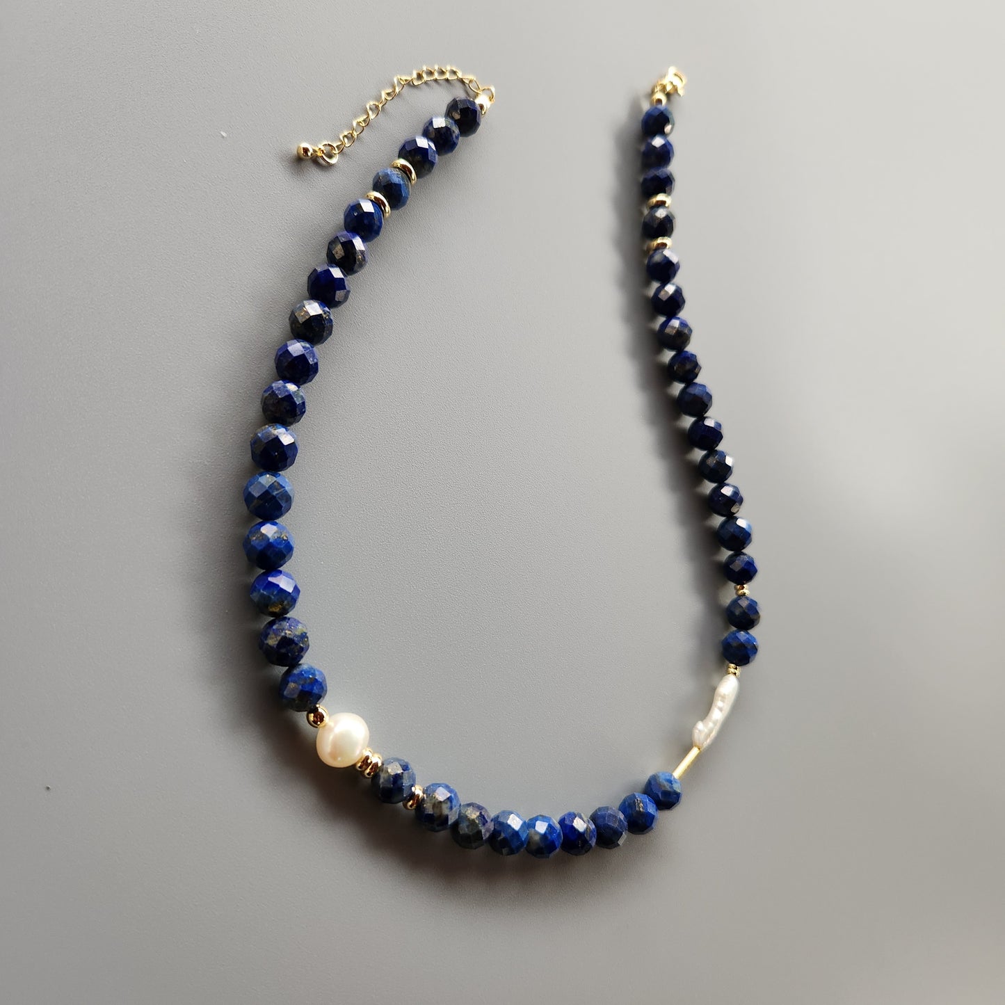 Lapis and Pearl Necklace with Gold-Plated Spacers