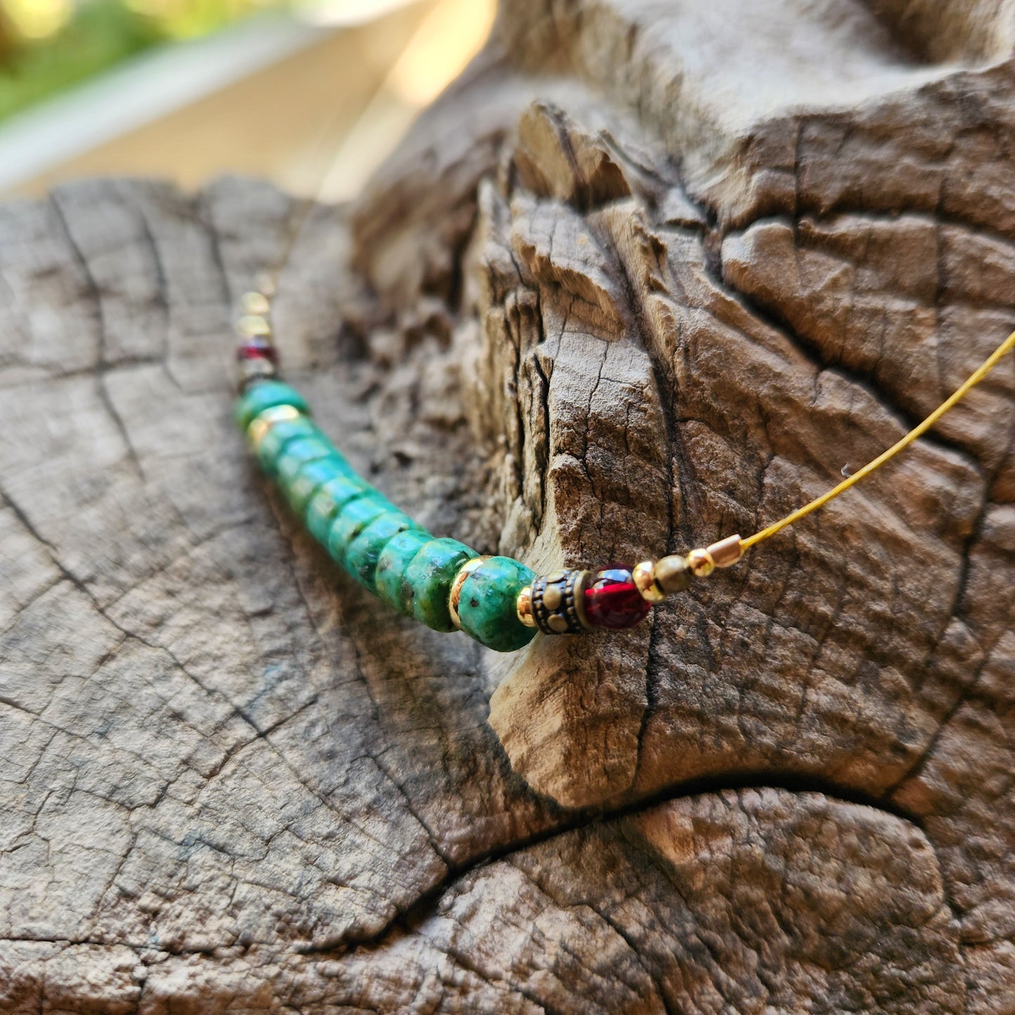 Vintage Bronze Necklace with African Turquoise, Garnet, and Gold-Plated Spacers