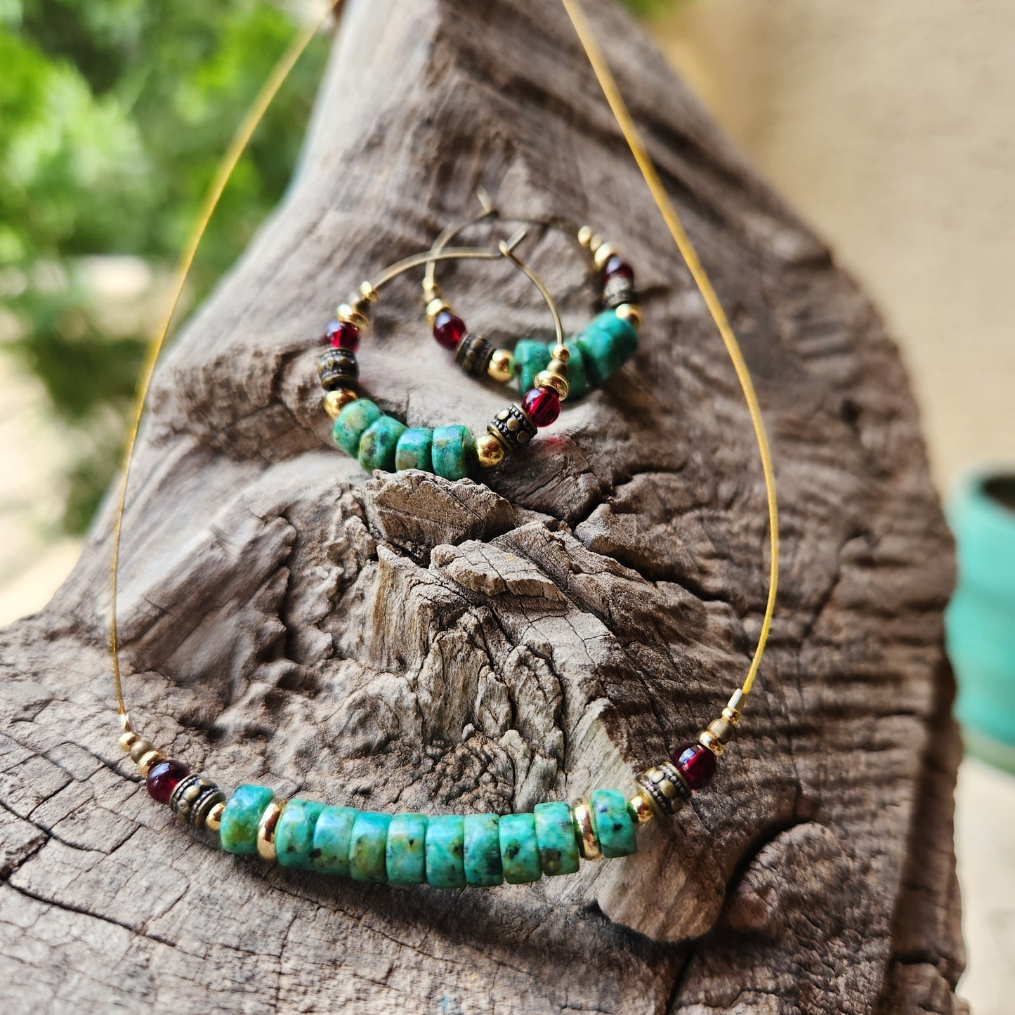 Vintage Bronze Earrings with African Turquoise, Garnet, and Gold-Plated Spacers