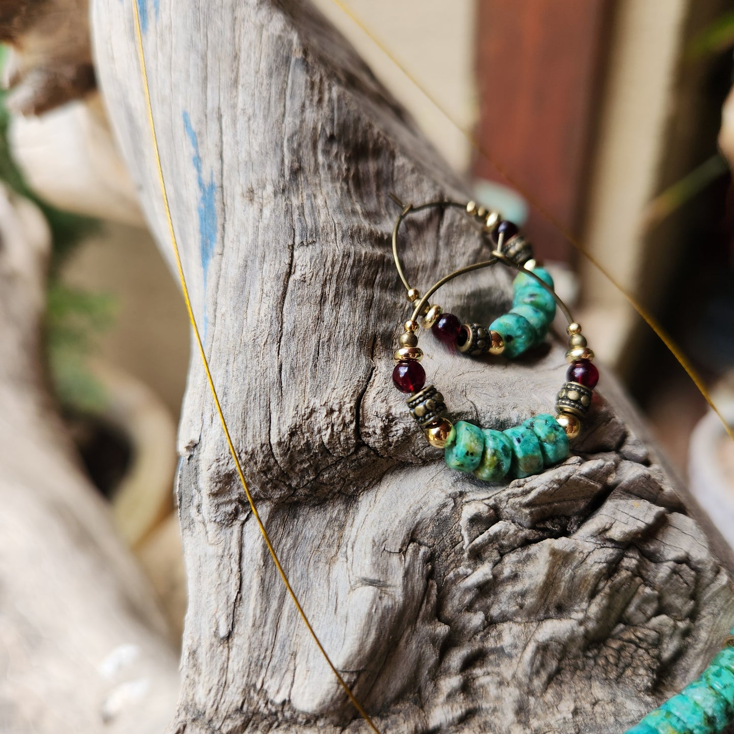 Vintage Bronze Earrings with African Turquoise, Garnet, and Gold-Plated Spacers
