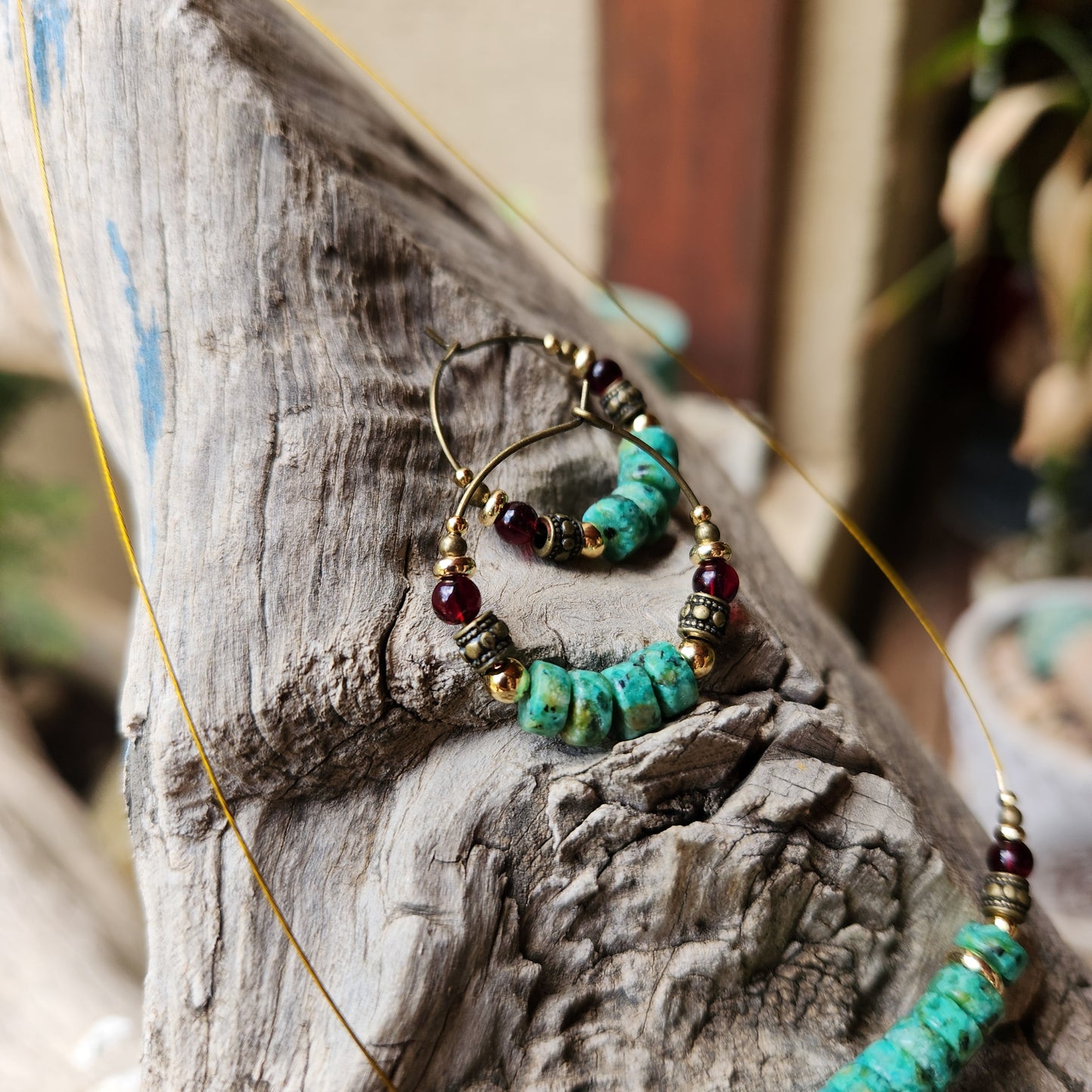 Vintage Bronze Earrings with African Turquoise, Garnet, and Gold-Plated Spacers