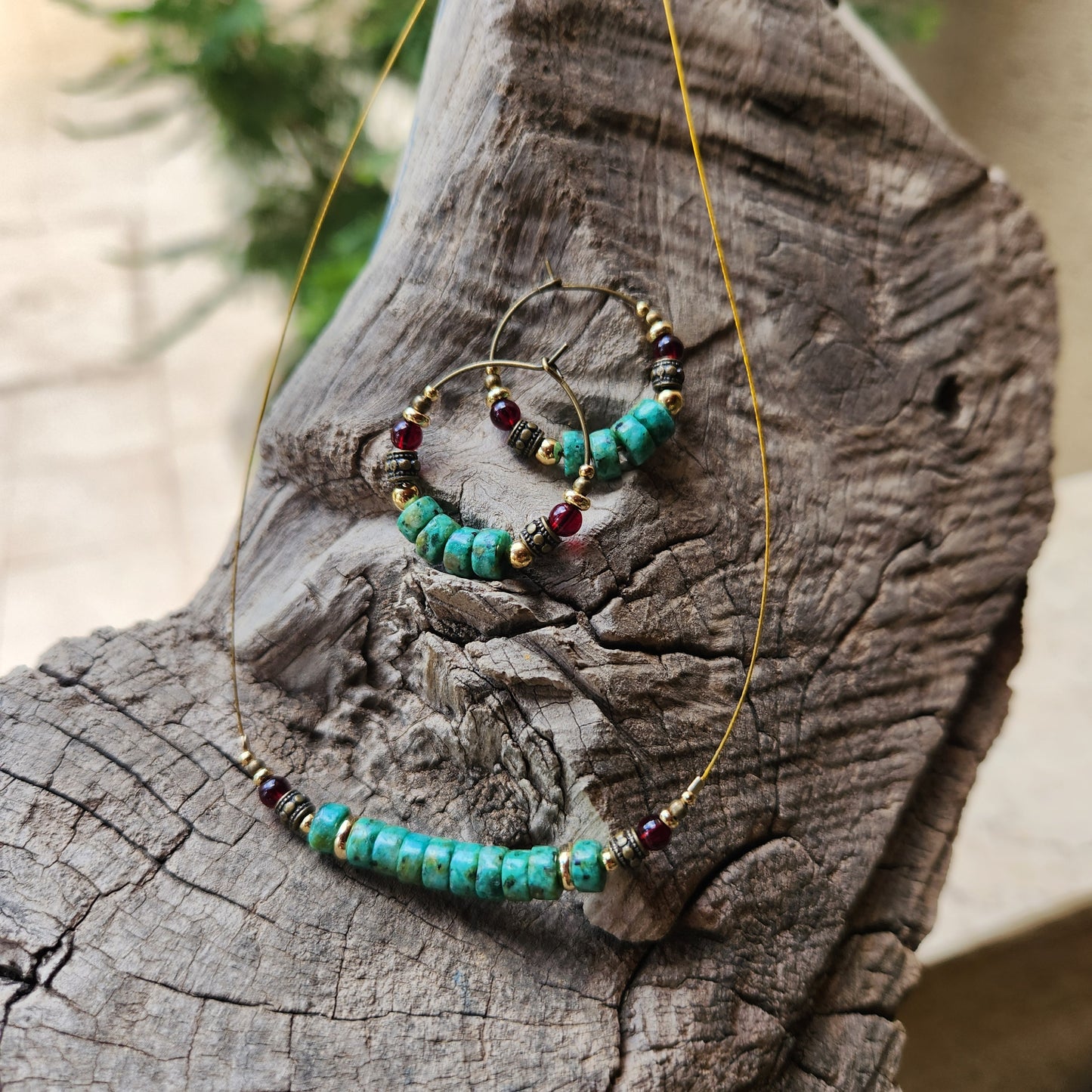 Vintage Bronze Earrings with African Turquoise, Garnet, and Gold-Plated Spacers