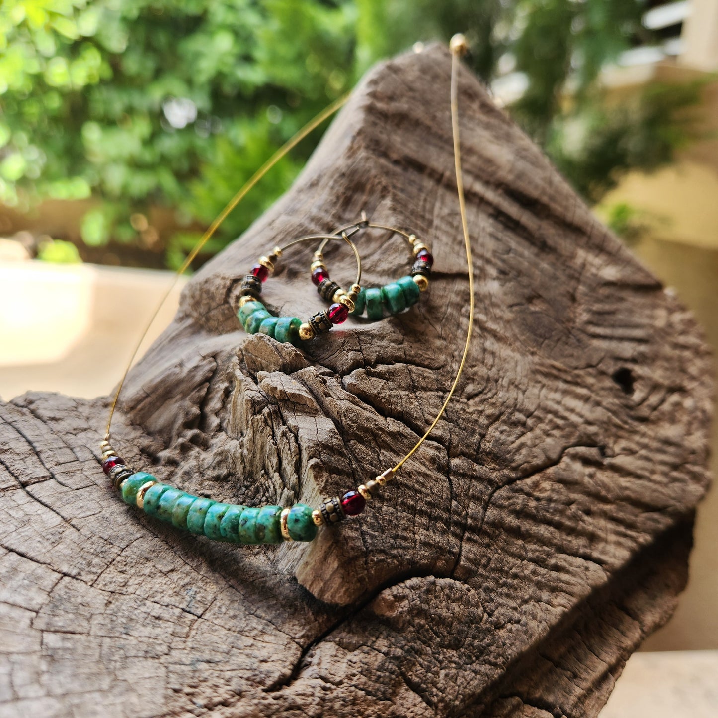 Vintage Bronze Necklace with African Turquoise, Garnet, and Gold-Plated Spacers