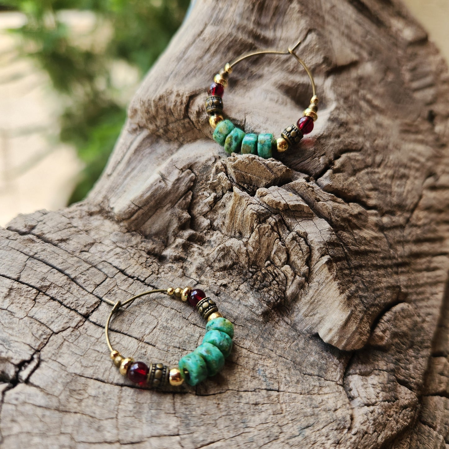 Vintage Bronze Earrings with African Turquoise, Garnet, and Gold-Plated Spacers