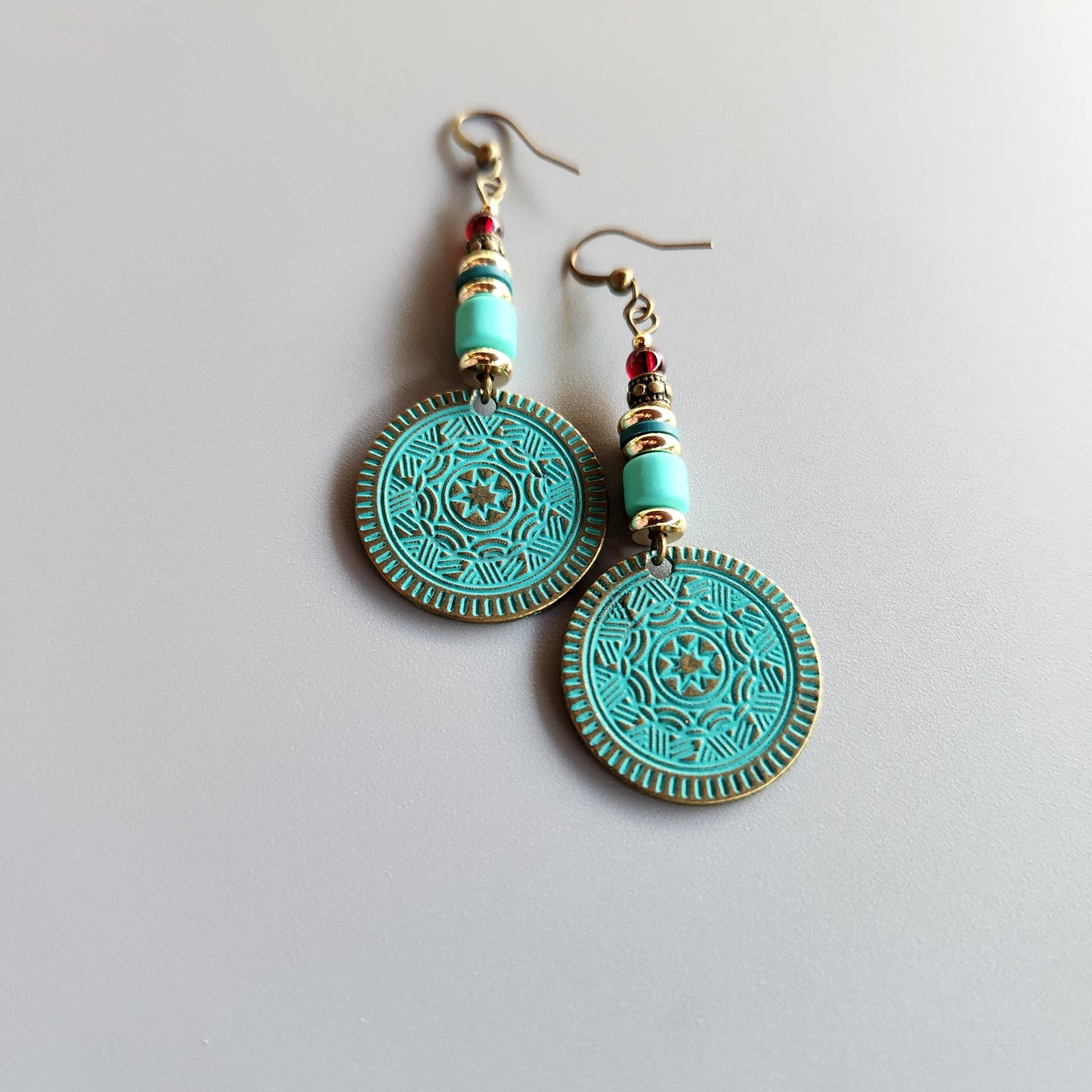 Al-Andalus Earrings with Garnet, and 14k Gold-Plated Spacers