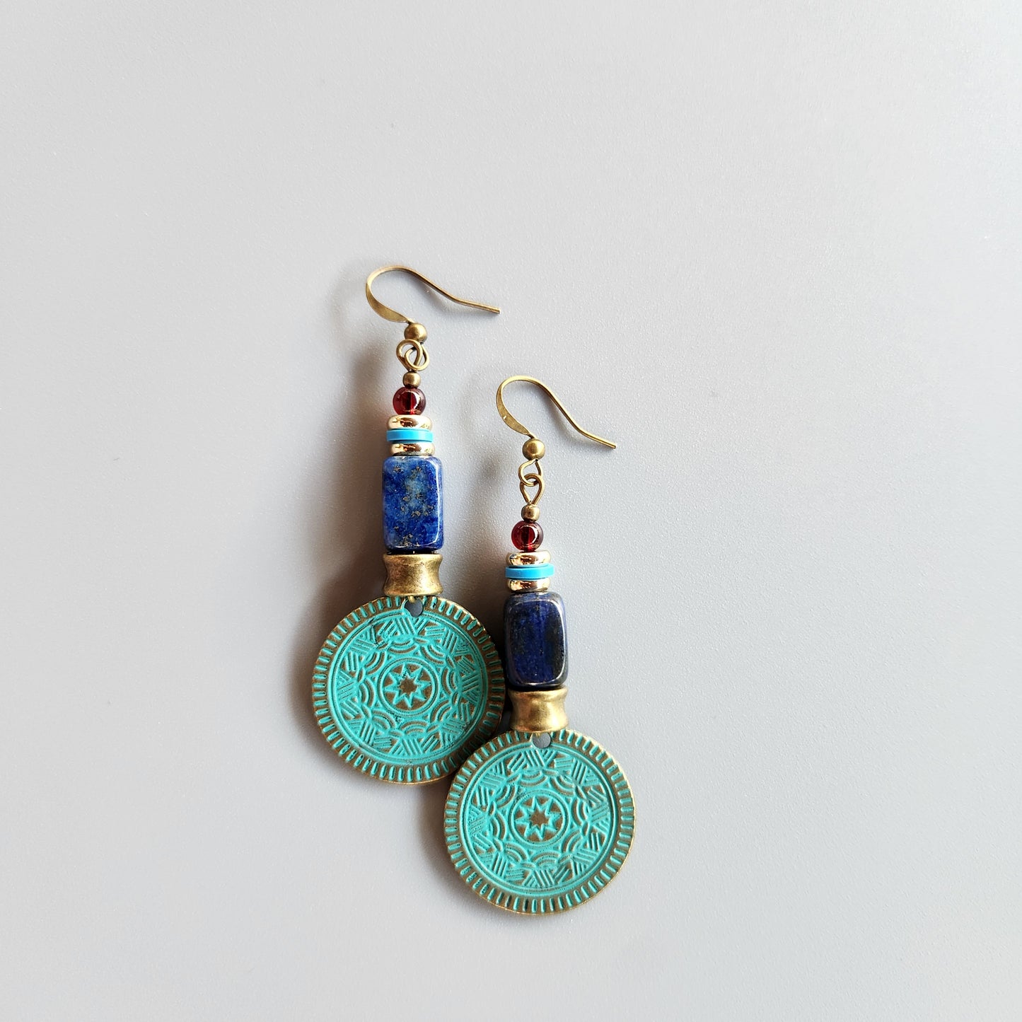 Al-Andalus Earrings with Lapis, Garnet, and Gold-Plated Spacers