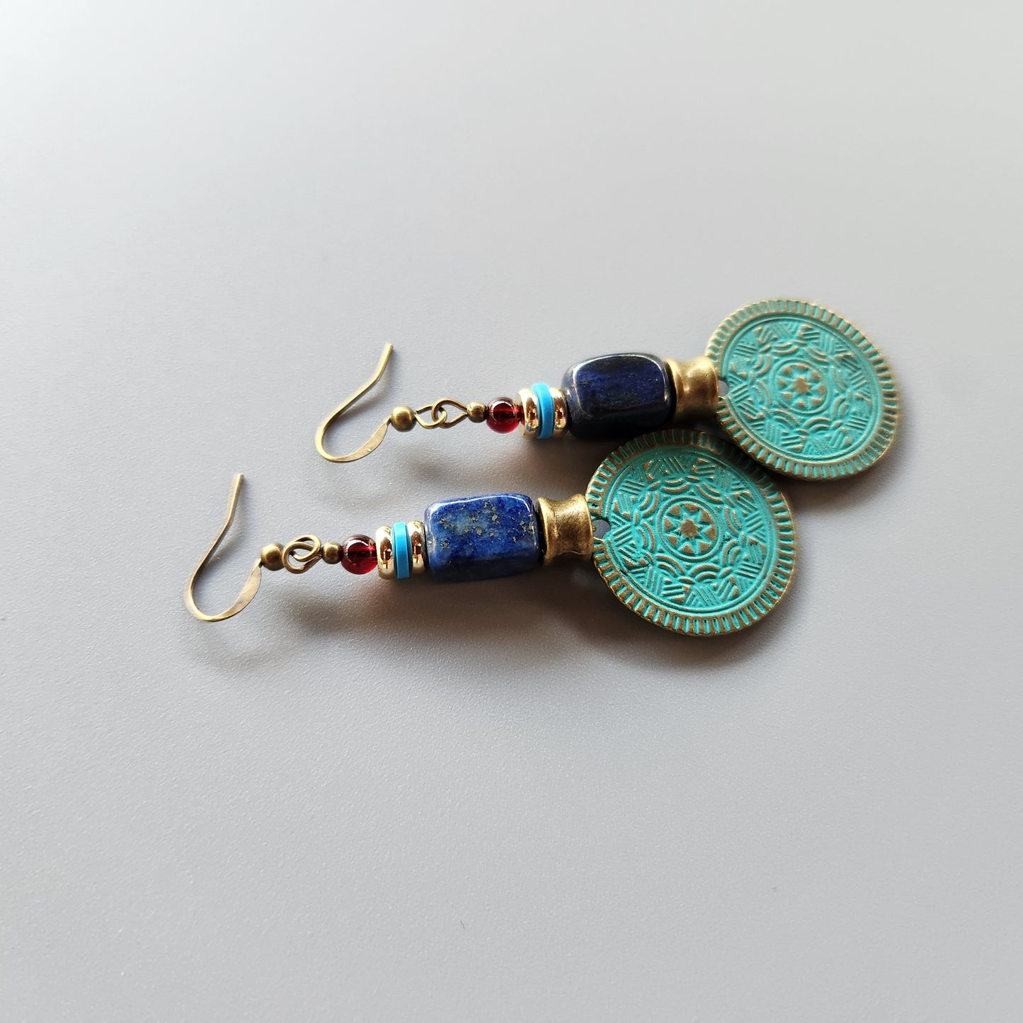 Al-Andalus Earrings with Lapis, Garnet, and Gold-Plated Spacers
