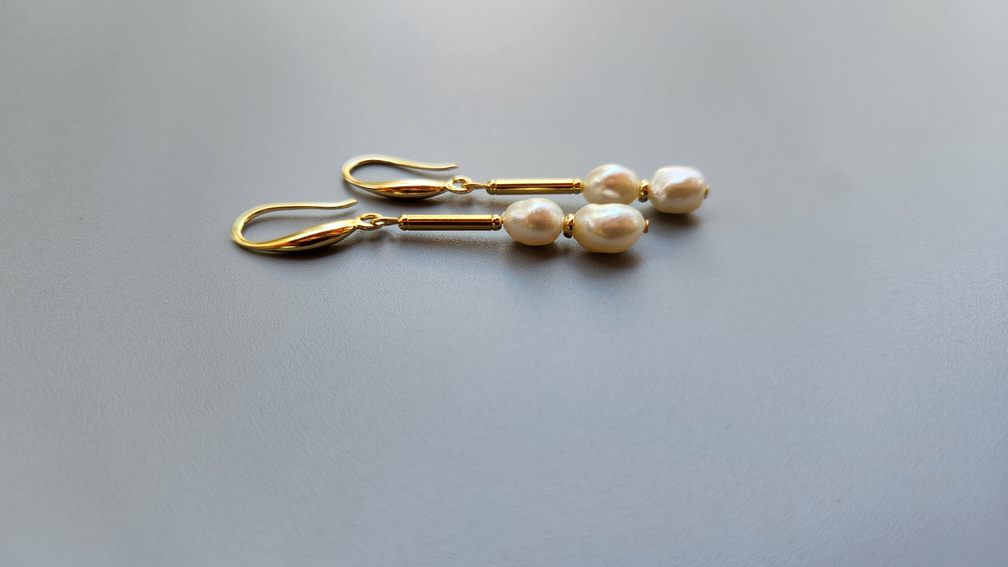 Natural Double Pearl Earrings with 14K Gold Plating