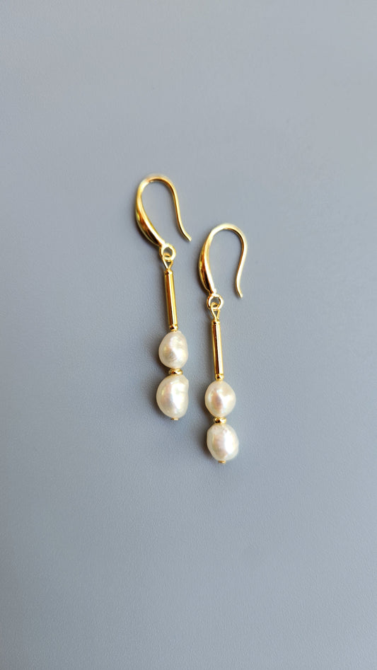 Natural Double Pearl Earrings with 14K Gold Plating