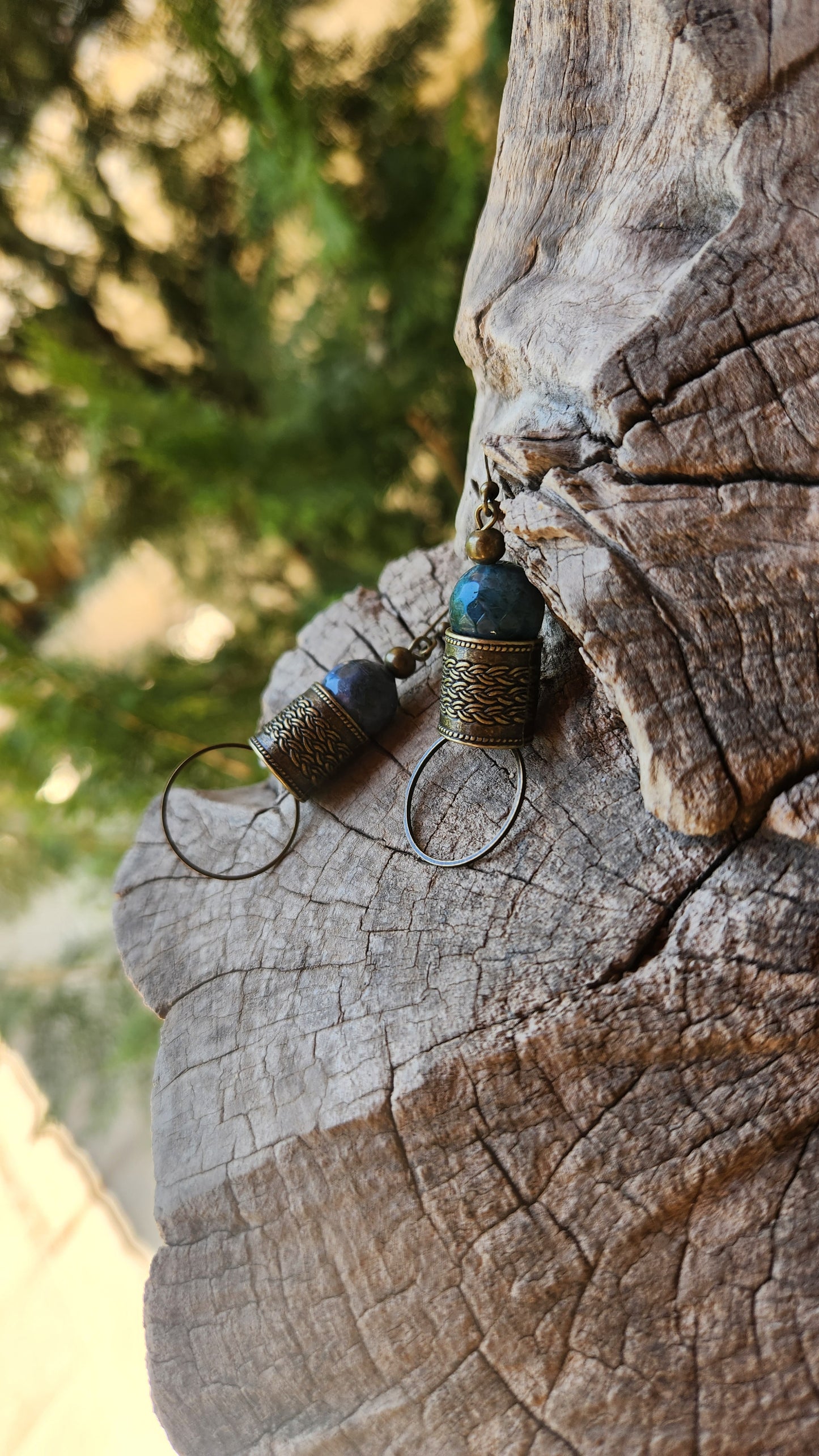 Pharaoh Earrings: Bronze with Blue Indian Agate