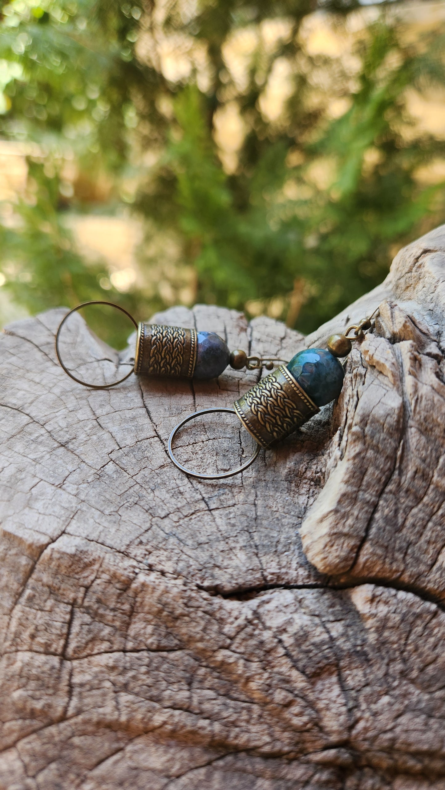 Pharaoh Earrings: Bronze with Blue Indian Agate