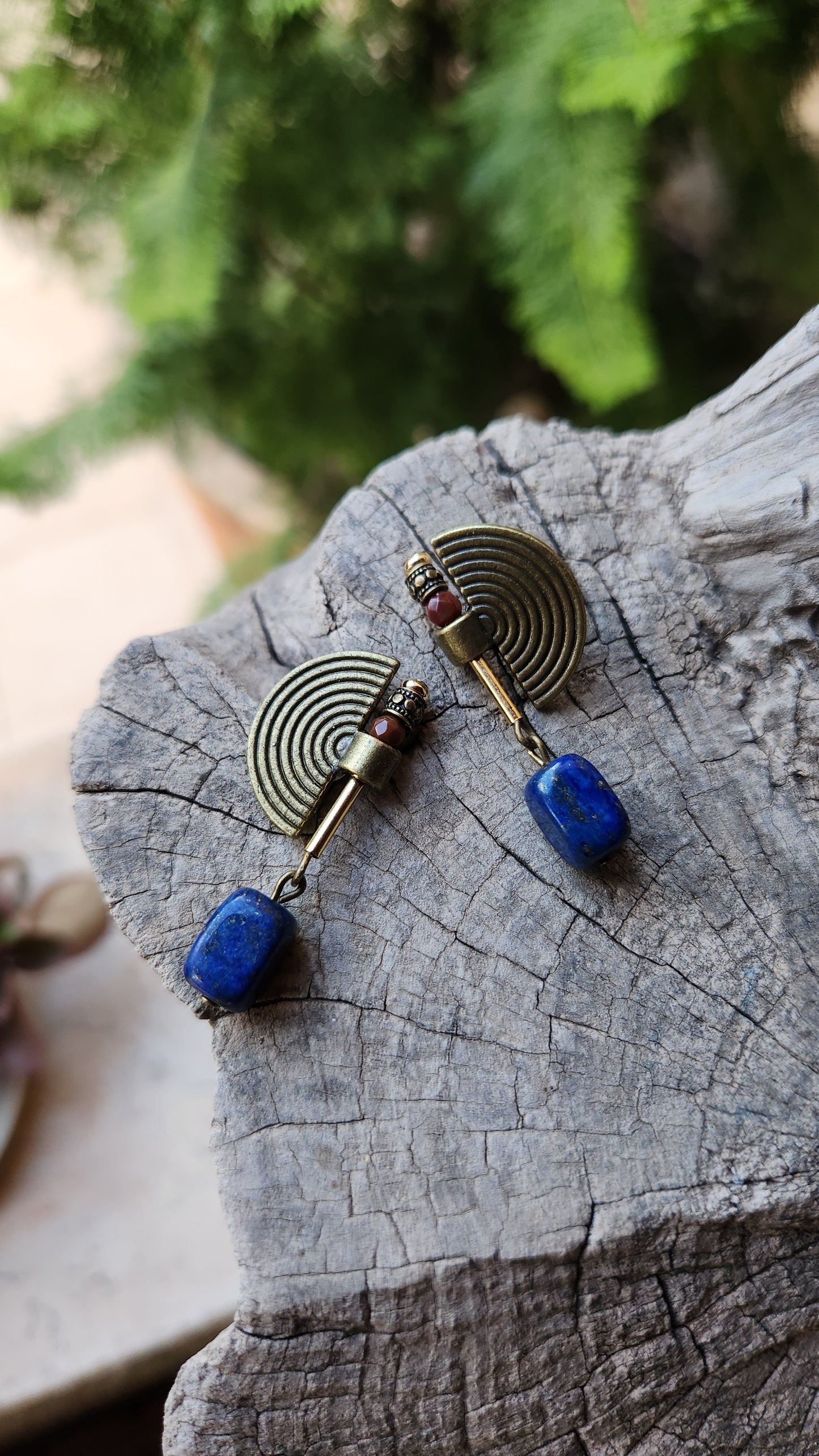 Vintage Bronze Earrings with Lapis & Agate Stones