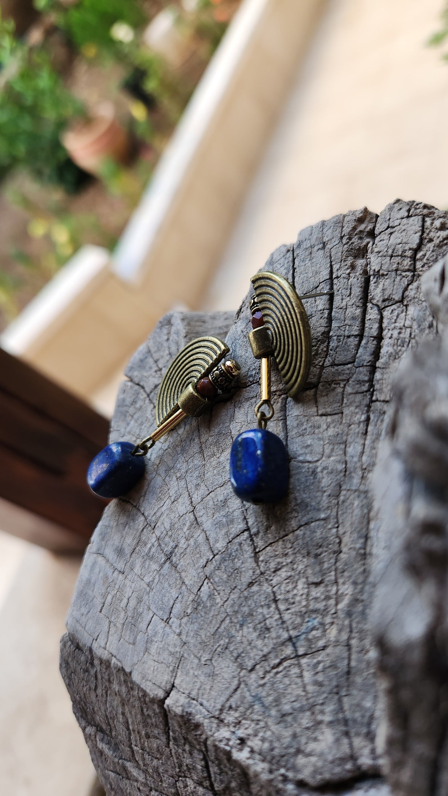 Vintage Bronze Earrings with Lapis & Agate Stones