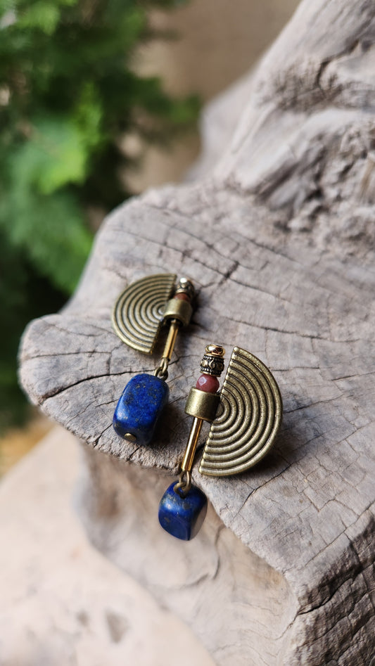 Vintage Bronze Earrings with Lapis & Agate Stones