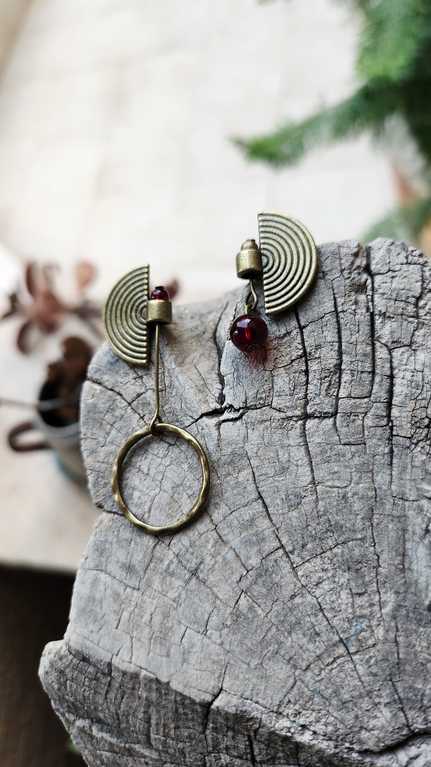 Vintage Bronze Earrings with Garnet Stone