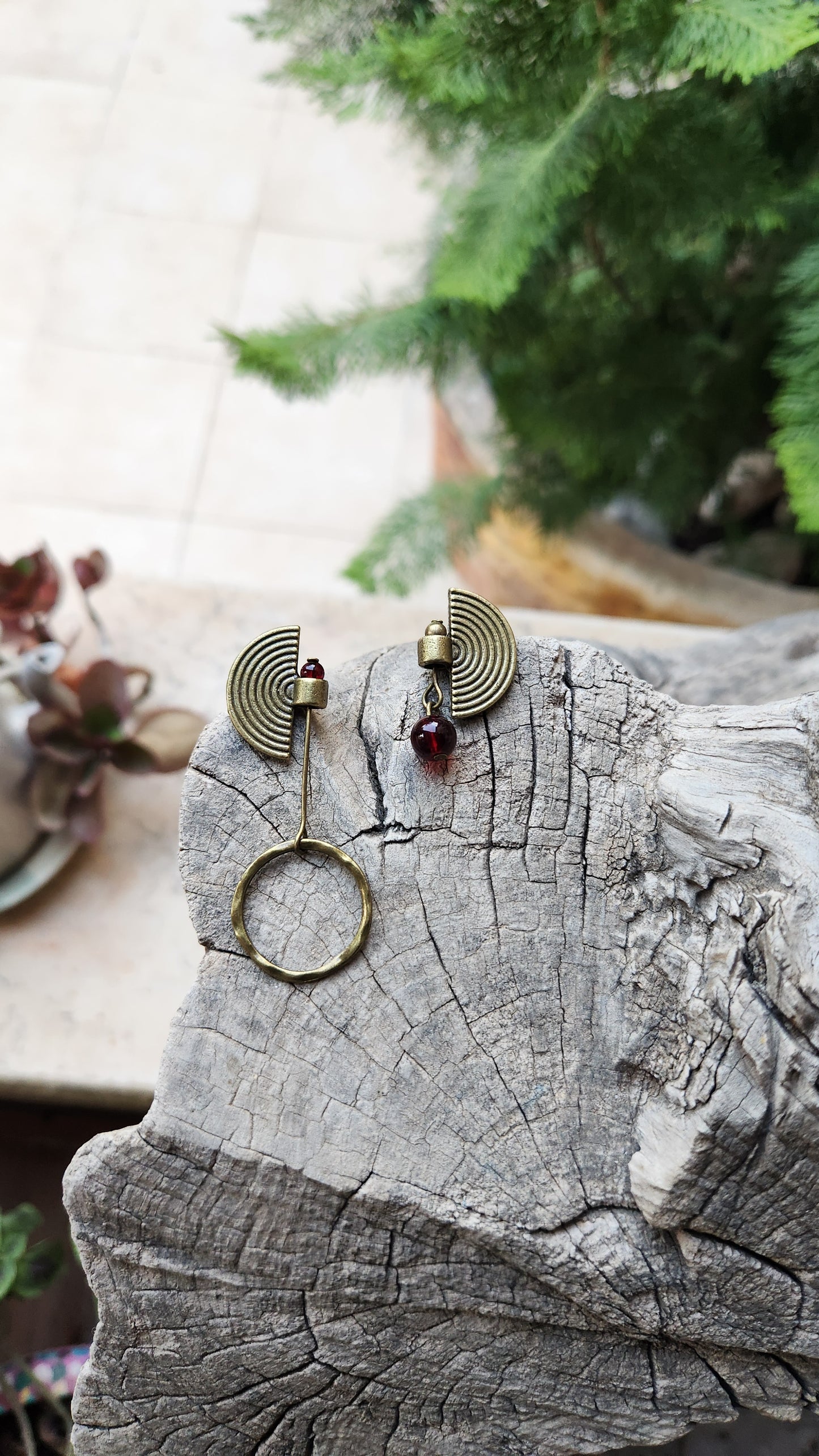Vintage Bronze Earrings with Garnet Stone
