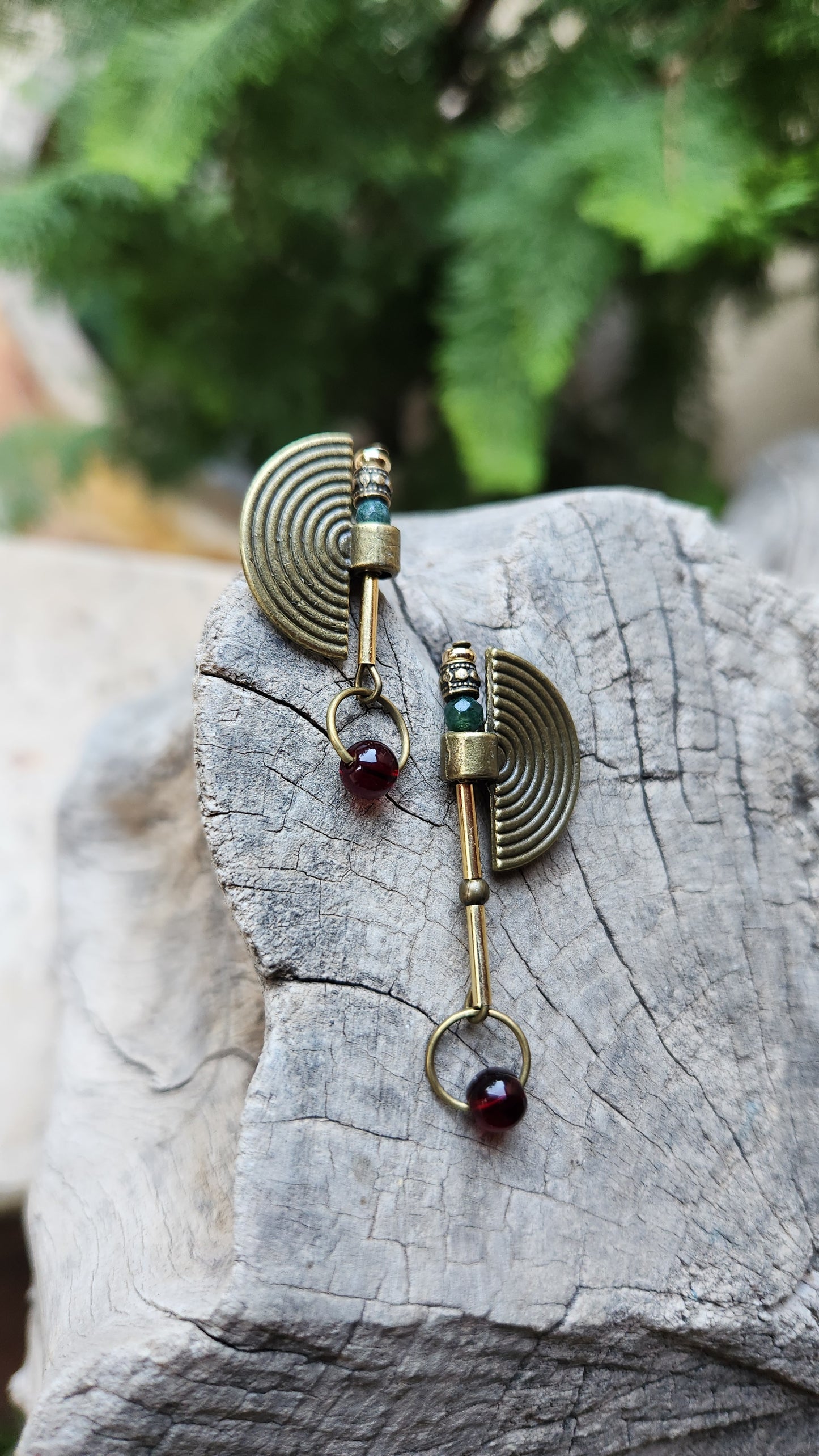 Vintage Bronze Earrings with Agate and Garnet Stones