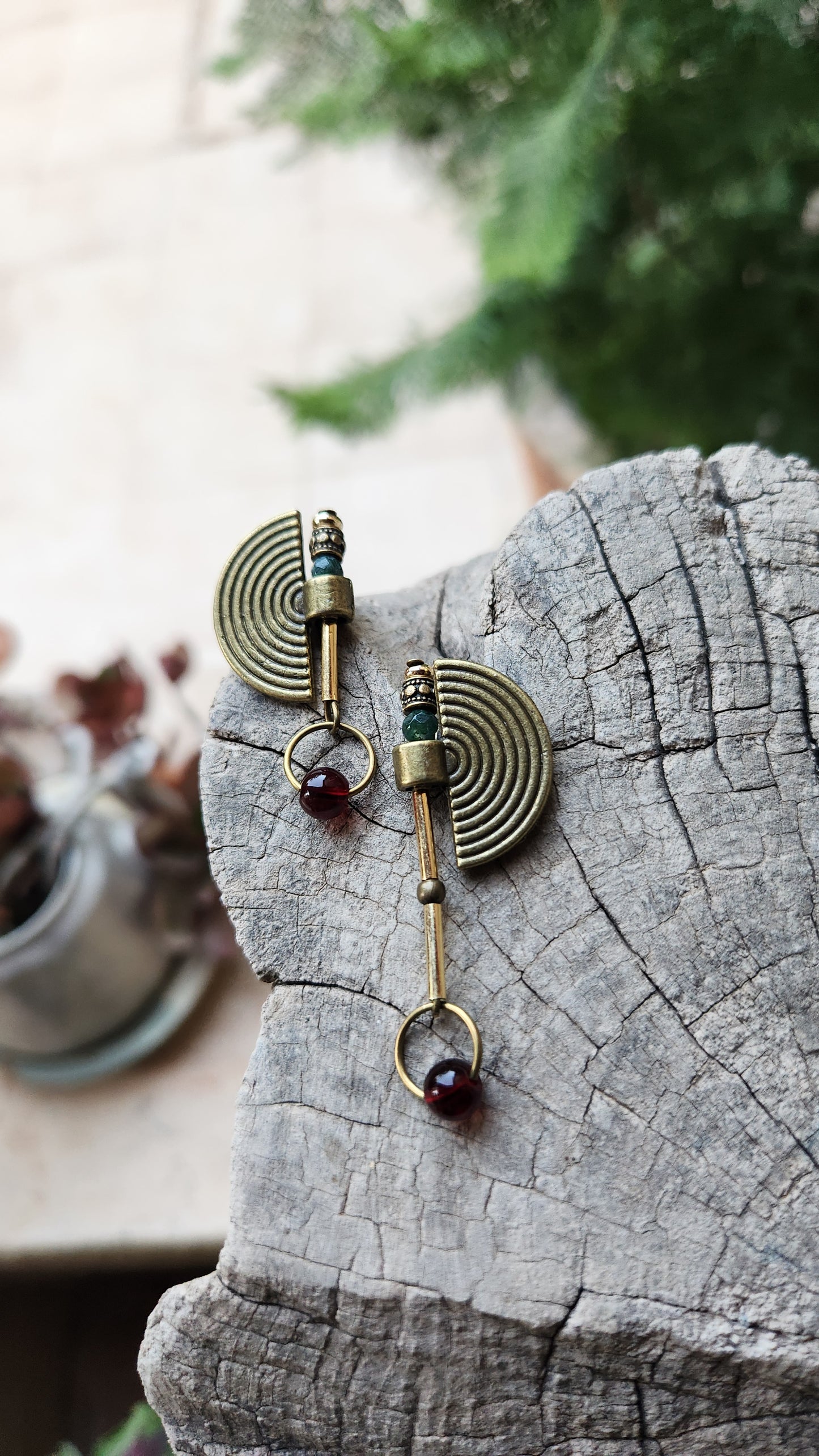 Vintage Bronze Earrings with Agate and Garnet Stones