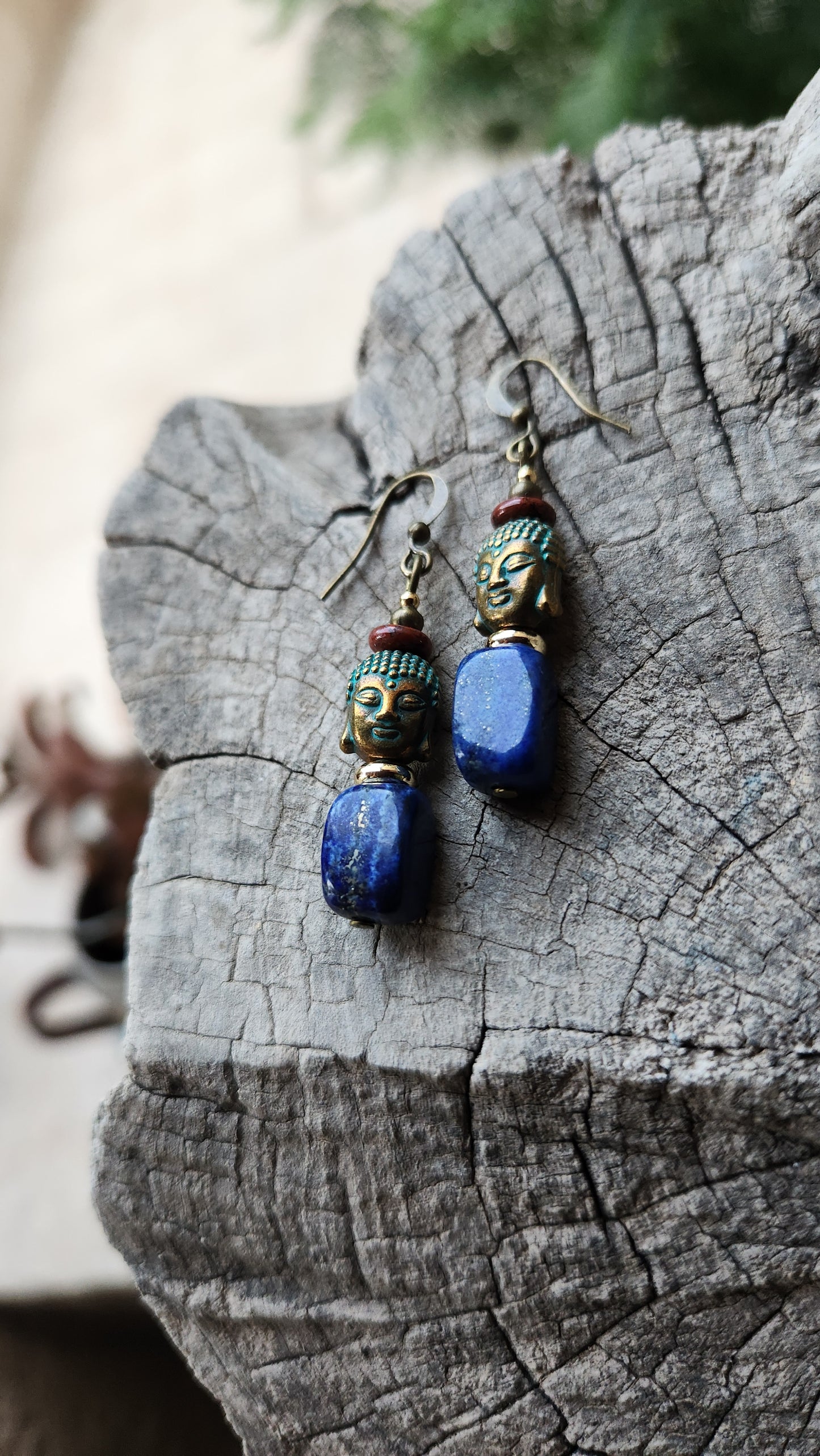 Buddha Earrings: Oxidized Bronze with Blue Lapis & Earthy Jasper Stones