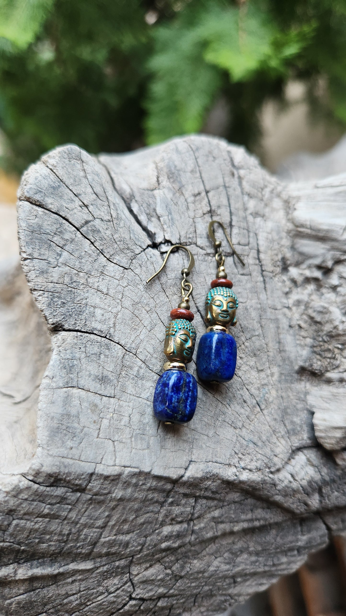 Buddha Earrings: Oxidized Bronze with Blue Lapis & Earthy Jasper Stones