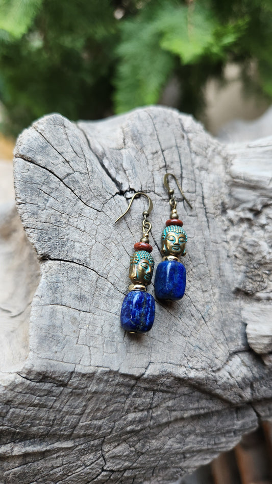 Buddha Earrings: Oxidized Bronze with Blue Lapis & Earthy Jasper Stones