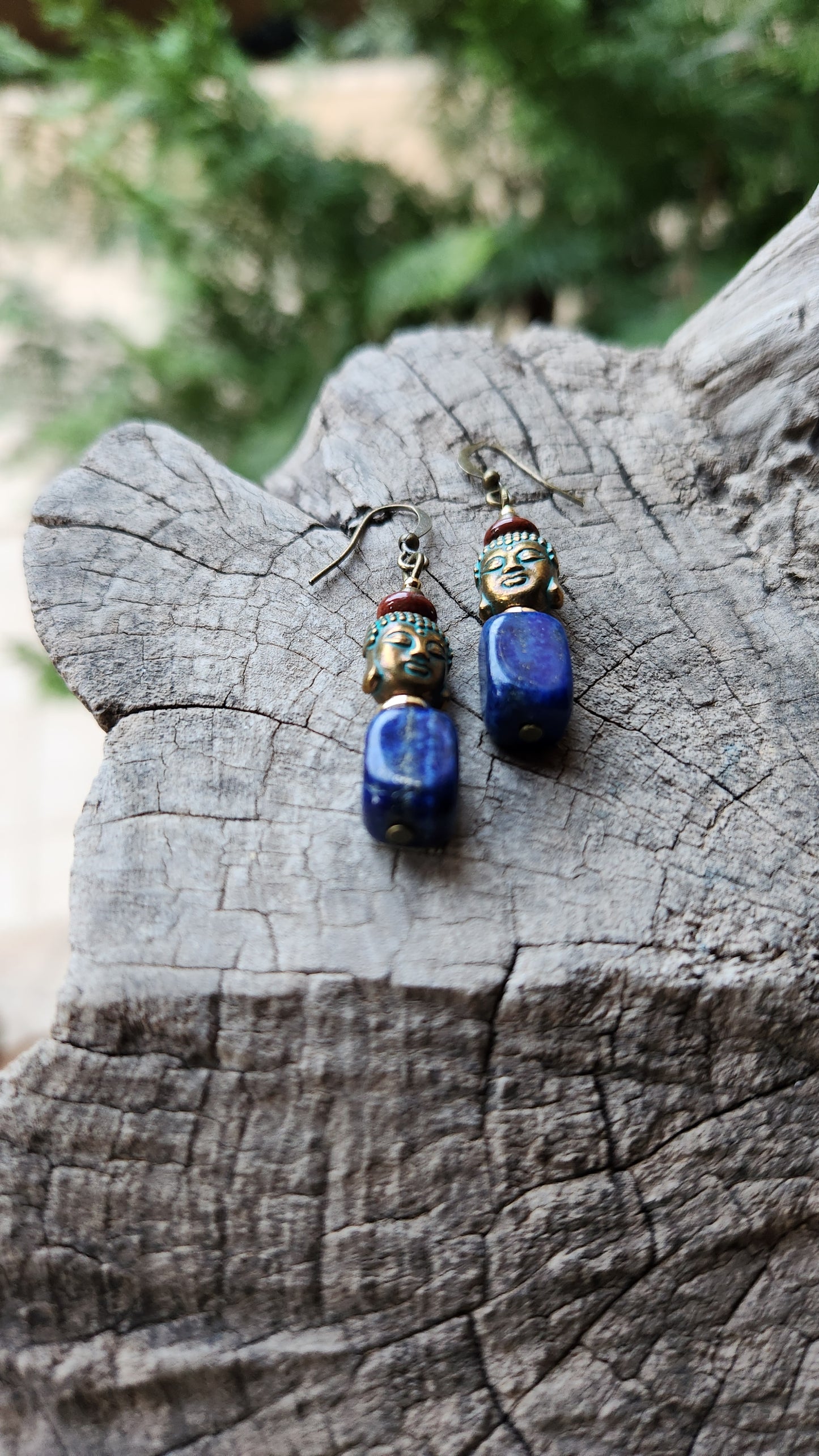Buddha Earrings: Oxidized Bronze with Blue Lapis & Earthy Jasper Stones