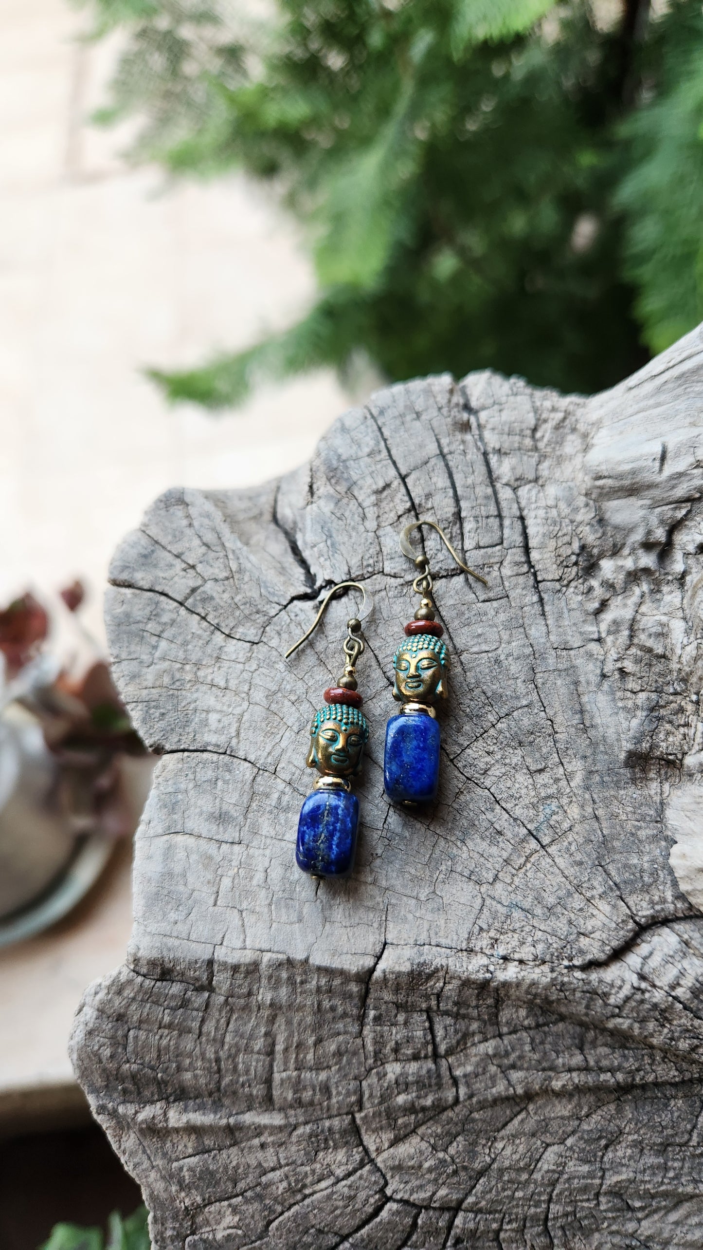 Buddha Earrings: Oxidized Bronze with Blue Lapis & Earthy Jasper Stones