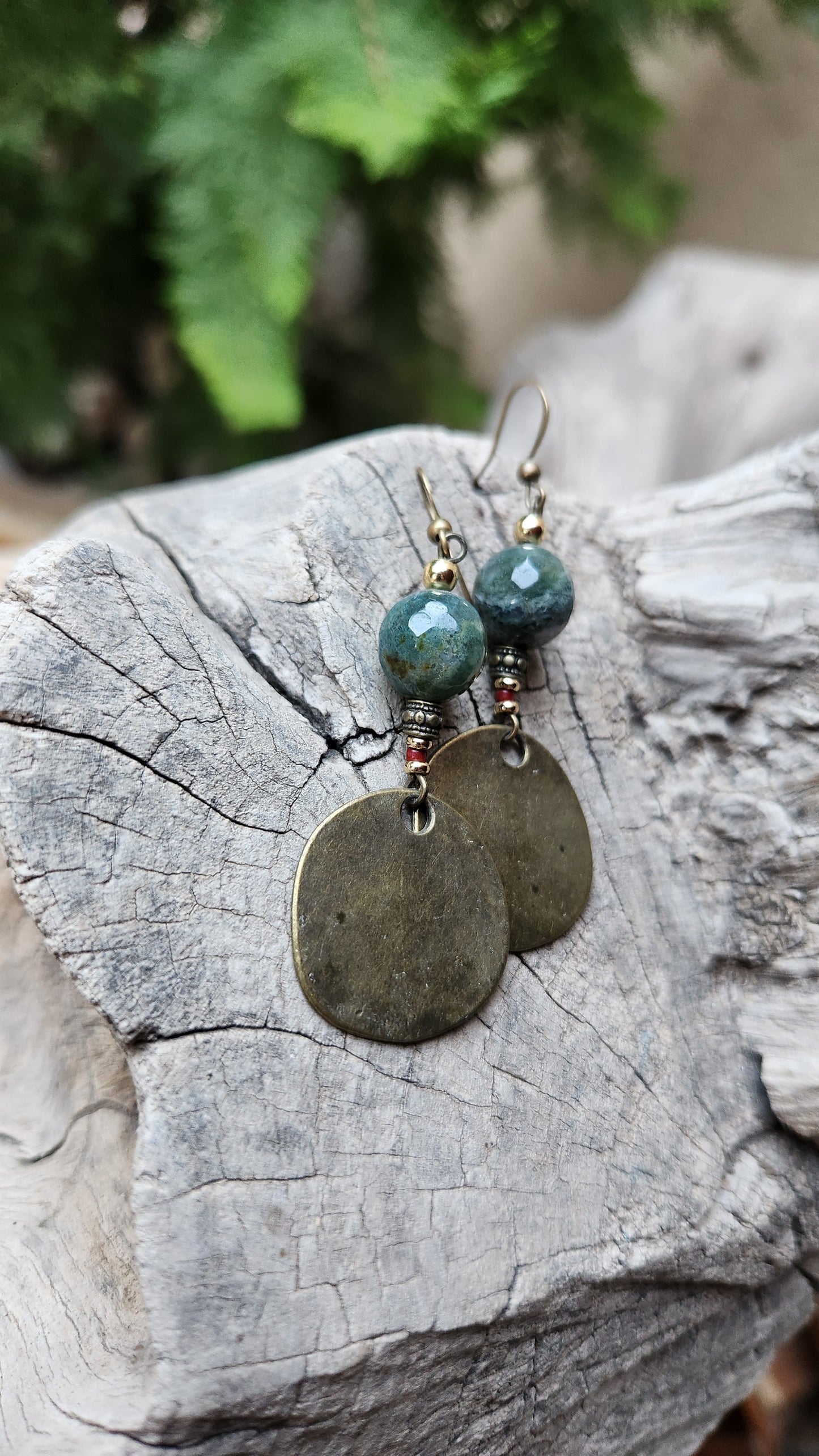 Vintage Bronze Earrings with Natural Agate Stones & Bordeaux Beads