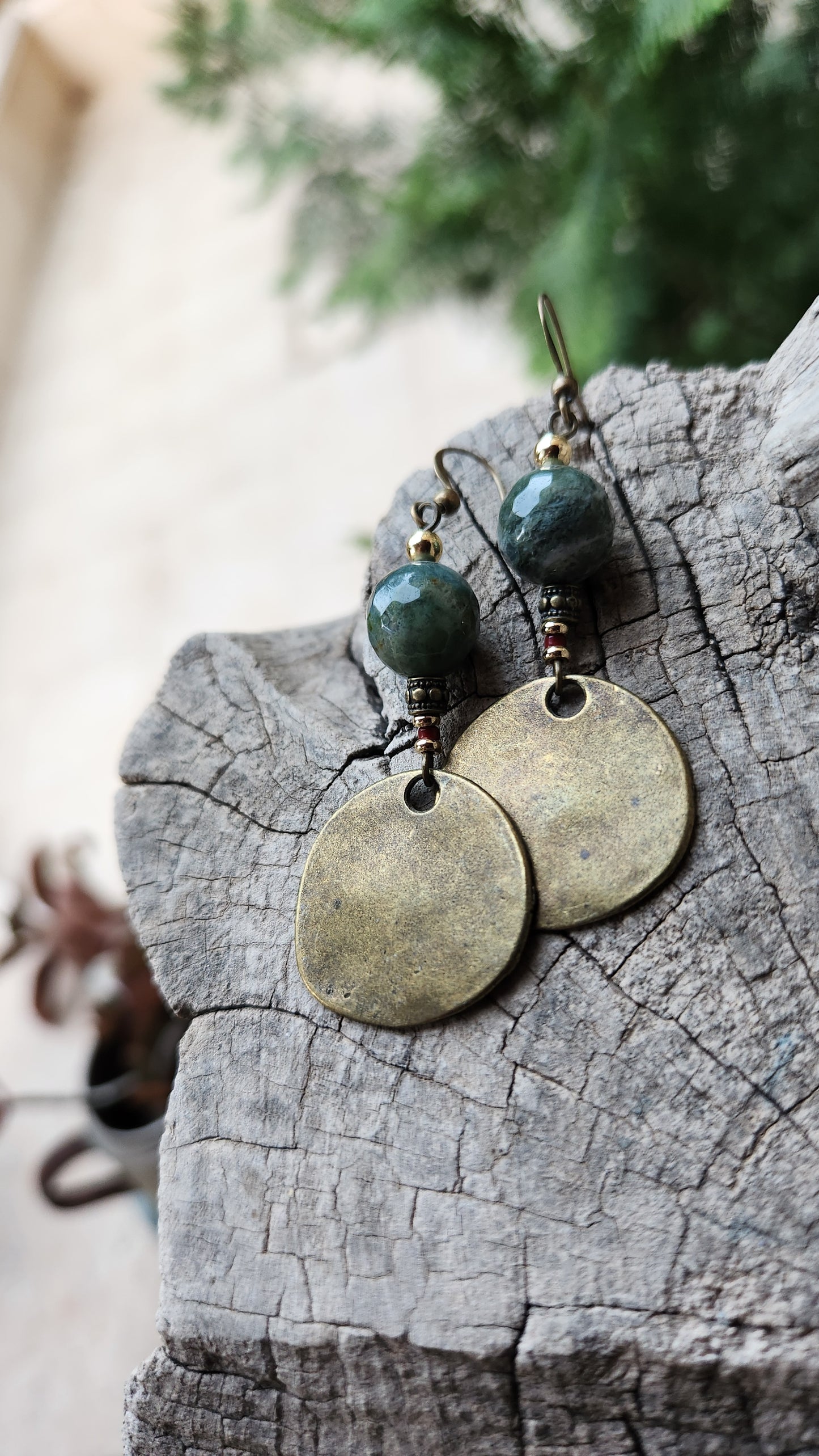 Vintage Bronze Earrings with Natural Agate Stones & Bordeaux Beads
