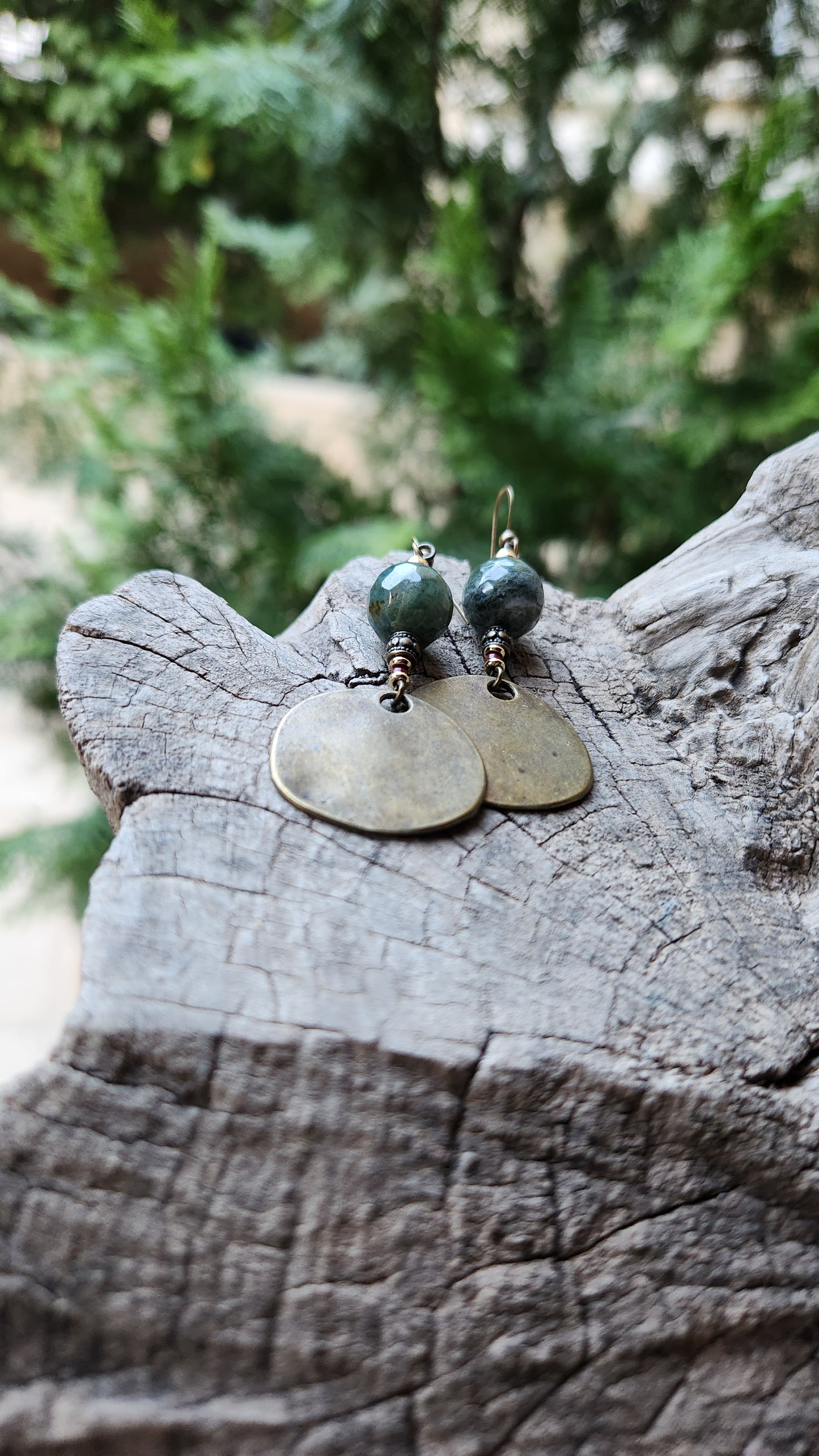 Vintage Bronze Earrings with Natural Agate Stones & Bordeaux Beads