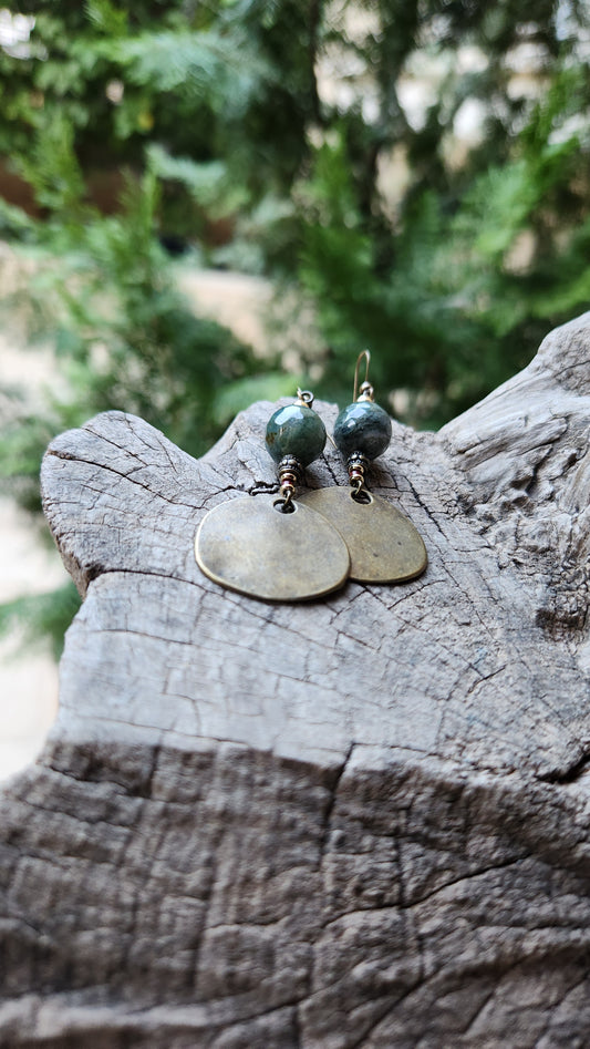 Vintage Bronze Earrings with Natural Agate Stones & Bordeaux Beads