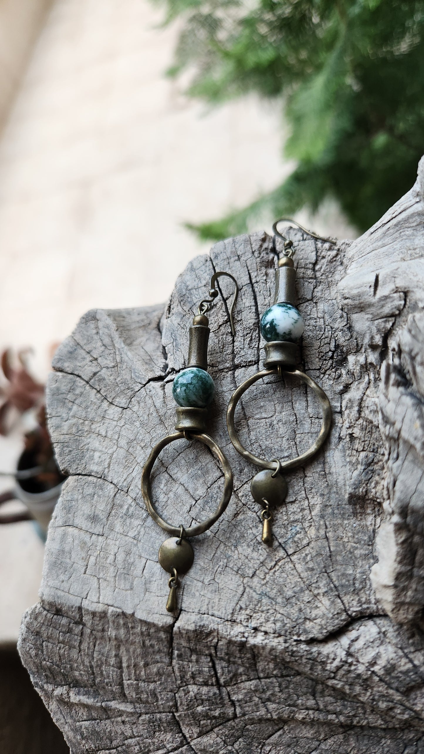 Vintage Bronze Earrings with Natural Agate Stones