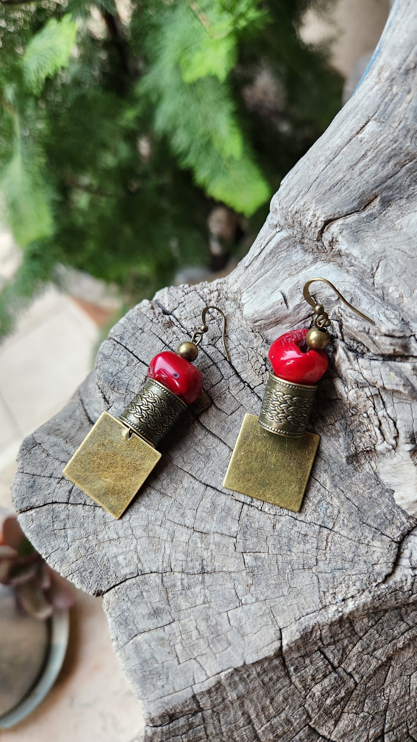 Pharaoh Earrings: Bronze with Red Coral Stones