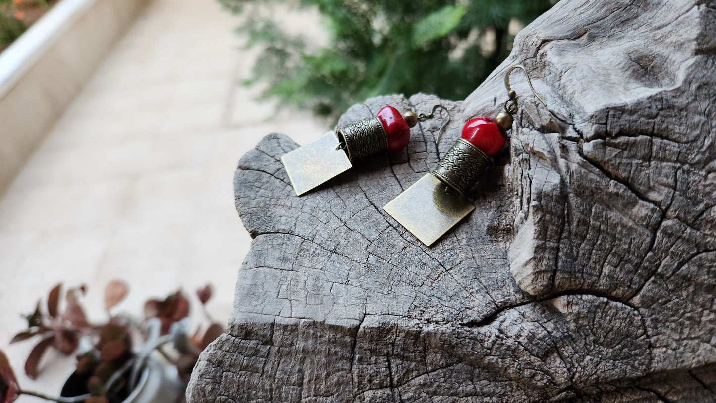 Pharaoh Earrings: Bronze with Red Coral Stones