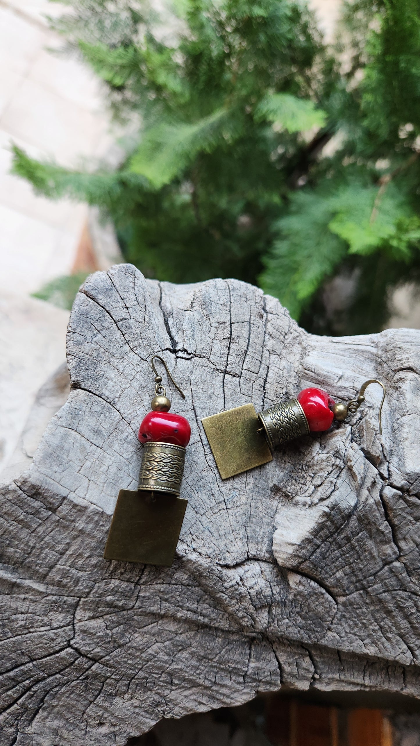 Pharaoh Earrings: Bronze with Red Coral Stones