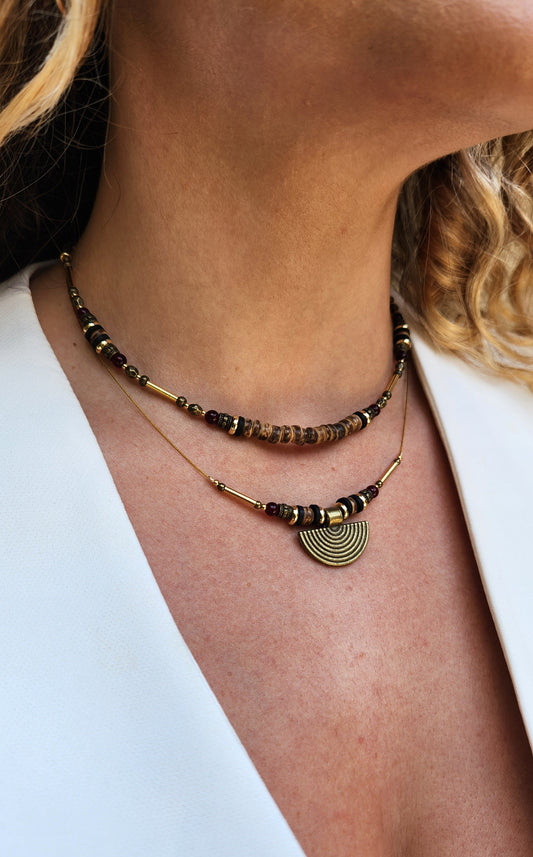 Bronze Necklace with Wooden Beads and Garnet and Gold-Plated Spacers
