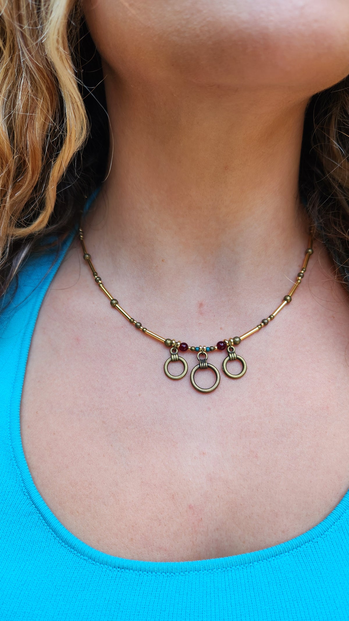 Bronze Necklace with Garnet Stones, Turquoise Beads and Gold-Plated Spacers