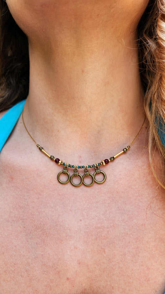 Bronze Necklace with Garnet Stones, Turquoise Beads and Gold-Plated Spacers