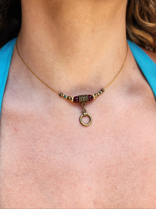 Bronze Necklace with Garnet Stones, Turquoise Beads and Gold-Plated Spacers