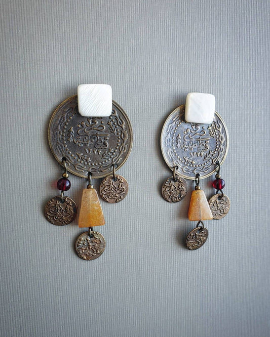 Coin Earrings: with Citrine and Garnet Stone